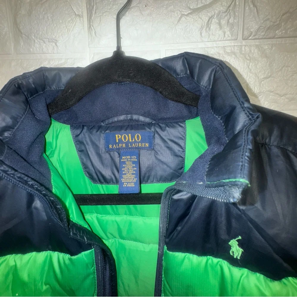 Polo Ralph Lauren Boys Puffer Jacket Green Black Zip Up Size M (10-12) Warm Coat